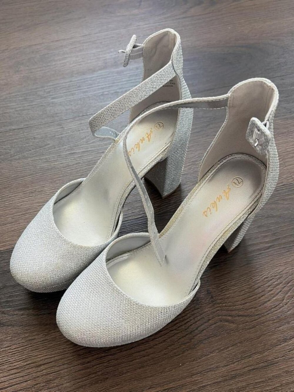Ankis Silver Glitter Heels | Used Metallic Sparkly Prom Ankle Strap Pumps